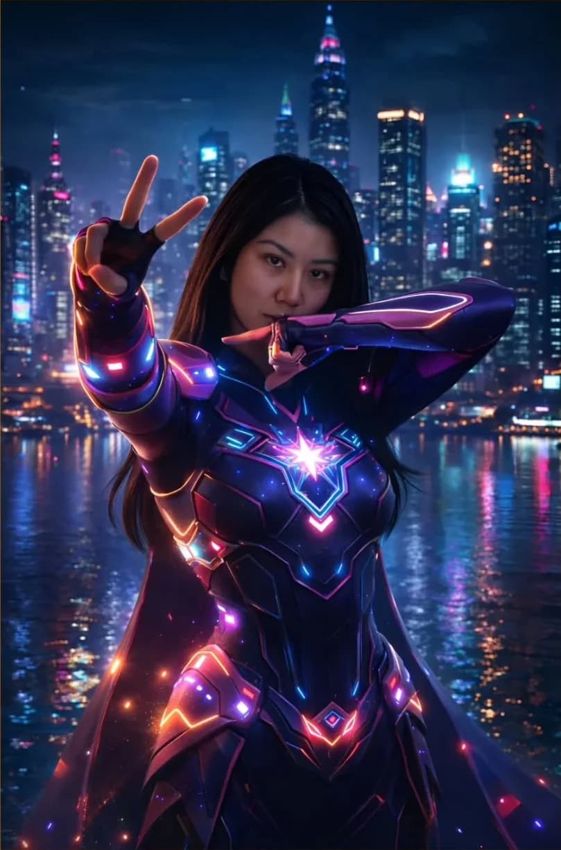 Neon superhero AI portrait by Kaveli Booth